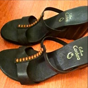 Day Sale Like New Calleen Cordero Hand Crafted Leather and  Wood Wedges